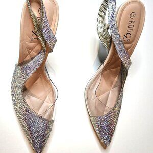 Rouge Nude Slingback Stiletto Heels with Silver Rhinestones